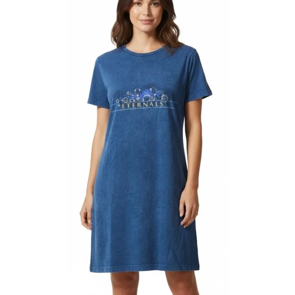 Marvel Eternals Women’s Shirt Dress Size M Blue Acid Wash 100% Cotton Distressed - Picture 1 of 5